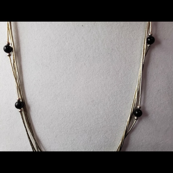 Liquid Silver Onyx Beads Necklace Sterling 18" - Picture 10 of 16